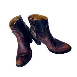 FM 1101 Brown Distressed Embossed Leather Ankle Heeled Boots Mexico Size 7